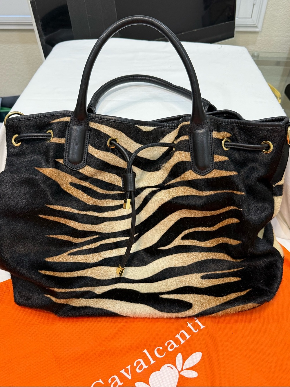 Zebra-Print Tote Bag in Black and Tan
